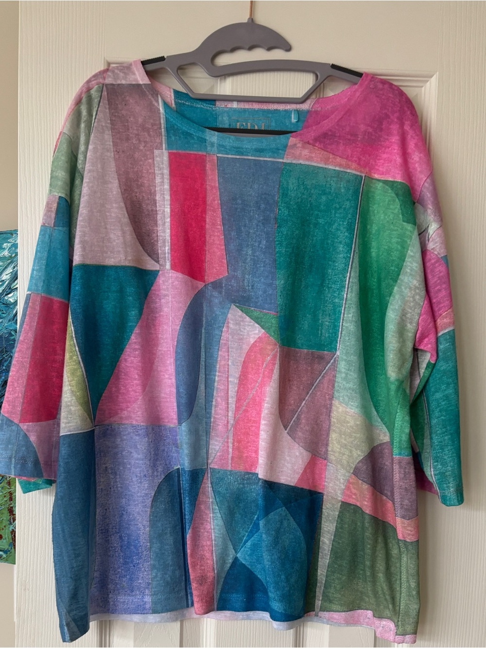 FDJ Geometric Multi-Color Tunic Top with Pink & Green Panels- L